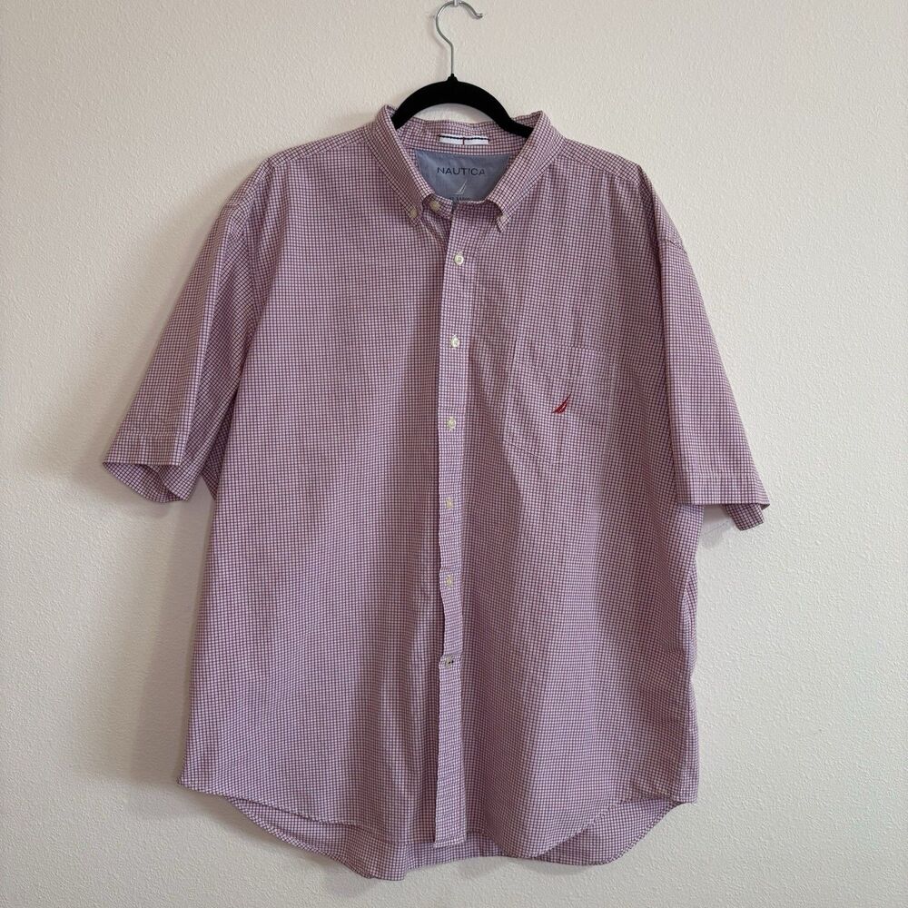 Nautica Button Down Shirt Men's XXL Red/White Checker Classic Fit Short Sleeve